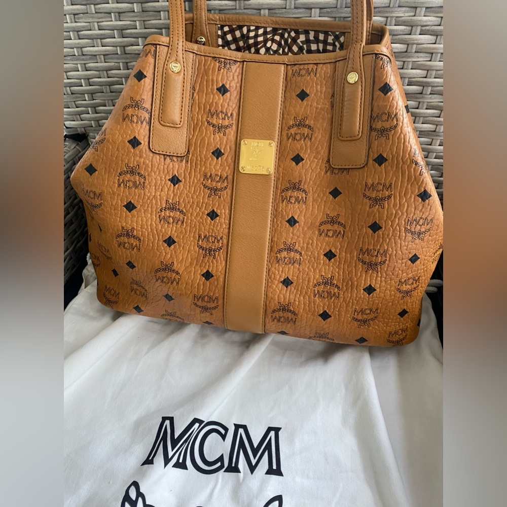 Mcm Reversible tote bag with leather top handle 9” drop.